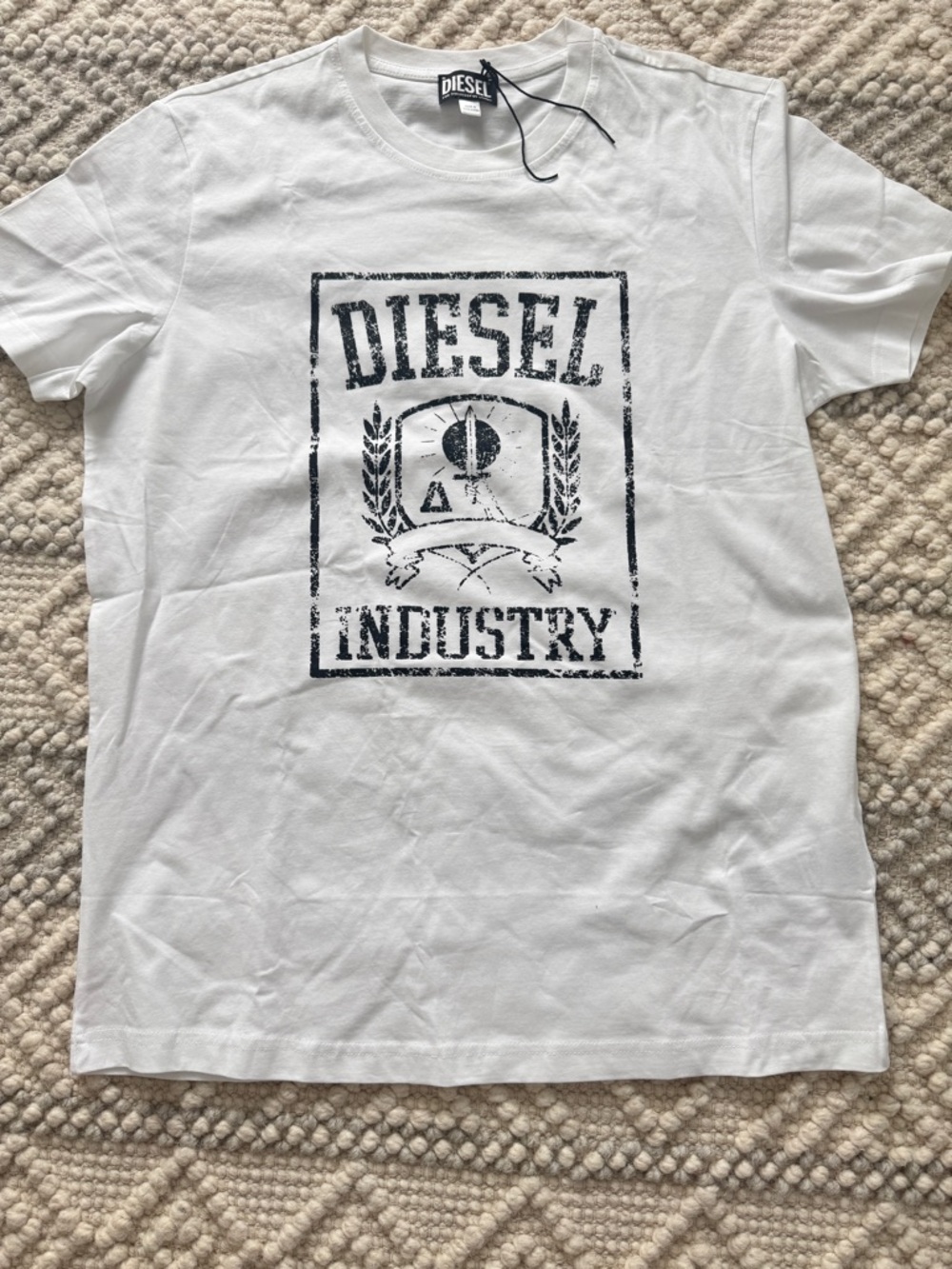 Diesel White Short-Sleeve Tee with Distressed Black Logo